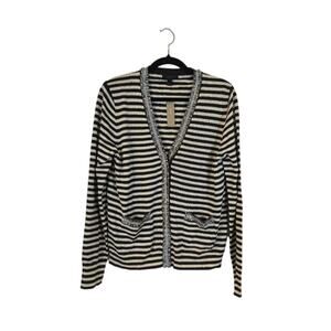 J. Crew NWT Striped Cardigan Sweater Size Large Black 100% Wool Preppy Classic
